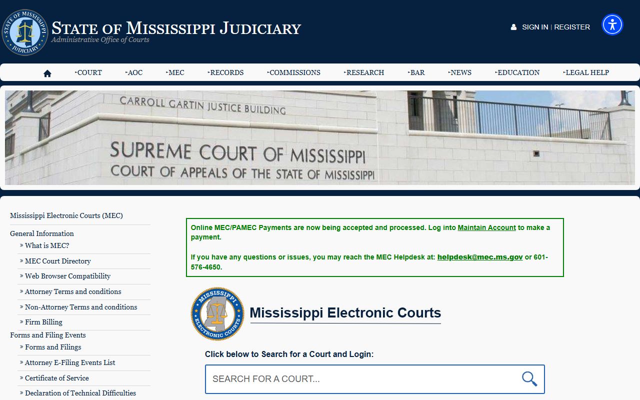 Mississippi Electronic Courts page listing courts for MEC access