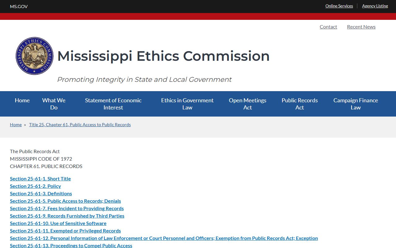 Mississippi Public Records Act page from the Mississippi Ethics Commission