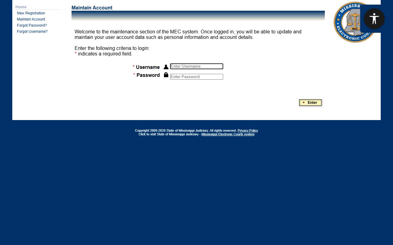 Public Access MEC login and registration page